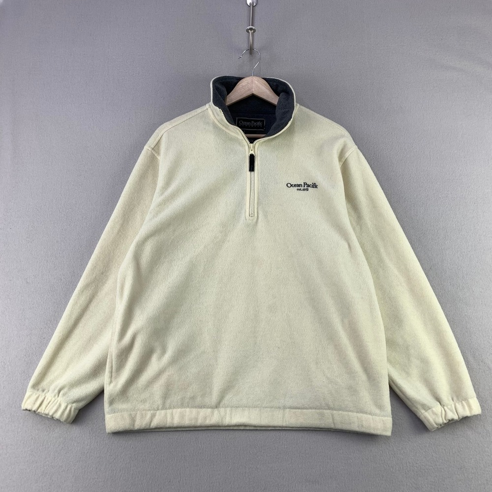 Vintage Ocean Pacific 1/4 Zip Fleece Pullover Mens Small Cream Mock Neck Soft